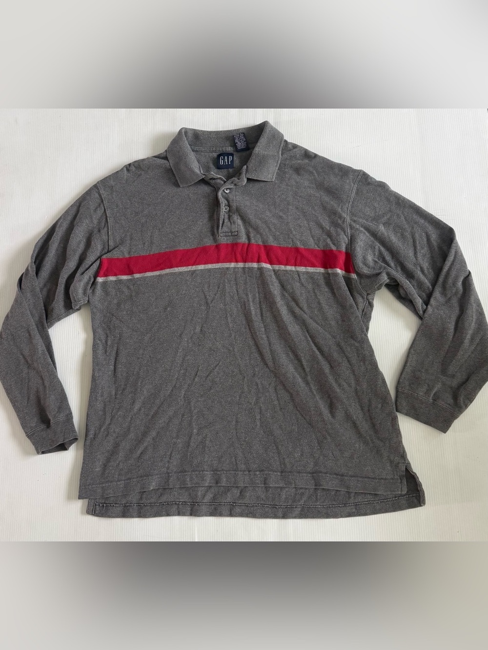 Vntg 90s Gap Rugby Shirt Mens M Gray Red Stripe Long Sleeve Polo Preppy